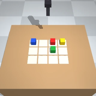 observations/obs_001_front.png, the 320×320 front camera image the agent gets from robo observe on arc-gravity-vision. The agent must infer the rule from example grids and move the blocks it sees.